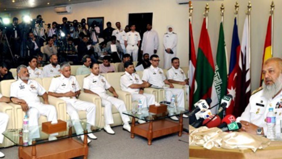 Commander Pakistan Fleet Vice Admiral Arifullah Hussaini Addressing the Media Brief of Multinational Exercise Aman 17 held at Fleet Headquarters today (2)