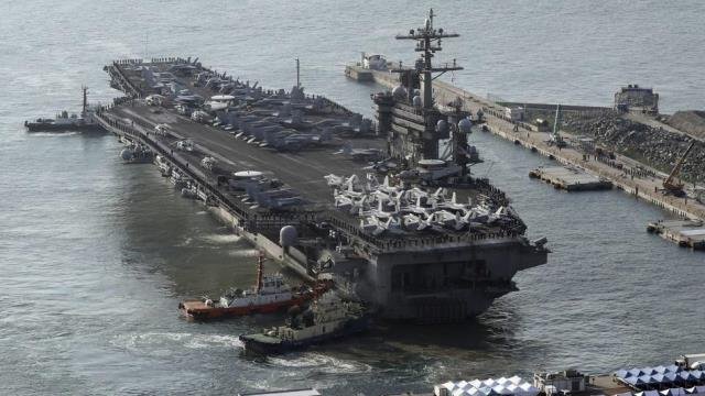 Pentagon says a Navy carrier strike group is moving towards Western Pacific Ocean. Pic AP