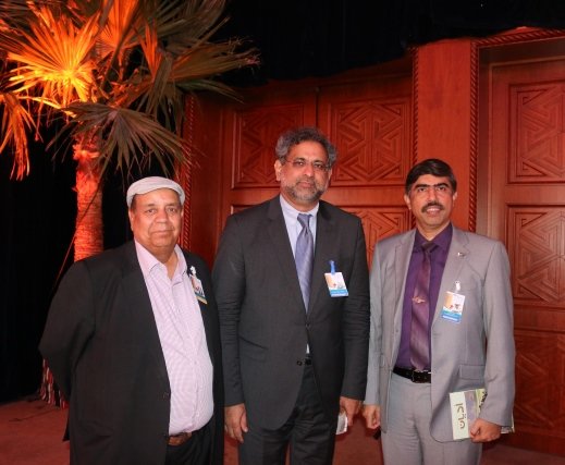 A recent picture of newly elected Prime Minisrter of Pakistan Shahid Khaqan Abbasi (C) with Ashraf Siddiqui (L) and Brig. Irfan Taj, Pakistan Defence Attache on the occasion of a conference in Doha.