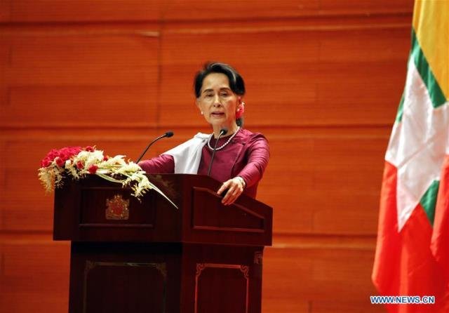 Aung San Suu Kyi addresses at the Myanmar Intl Convention Center-2 in Nay Pyi Taw,
