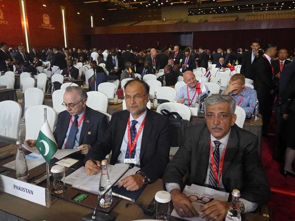Pakistani Minister for Interior Ahsan Iqbal (C) attends the opening ceremony of 86th General Assembly of INTERPOL held in Beijing, 26 Sept Pic China.org.cn