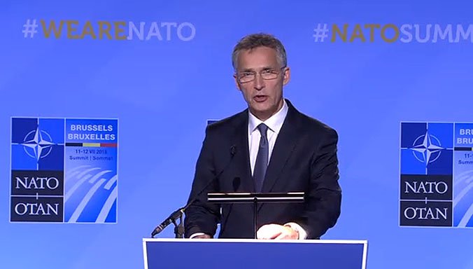 NATO Secretary General Jens Stoltenberg addresses press conference following NATO leaders meeting Thursday Pic NATO 12 July 2018