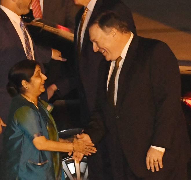 Michael R. Pompeo being received by INdian External Affairs Minister Sushma Swaraj in new Delhi Pic Daily The Hindu
