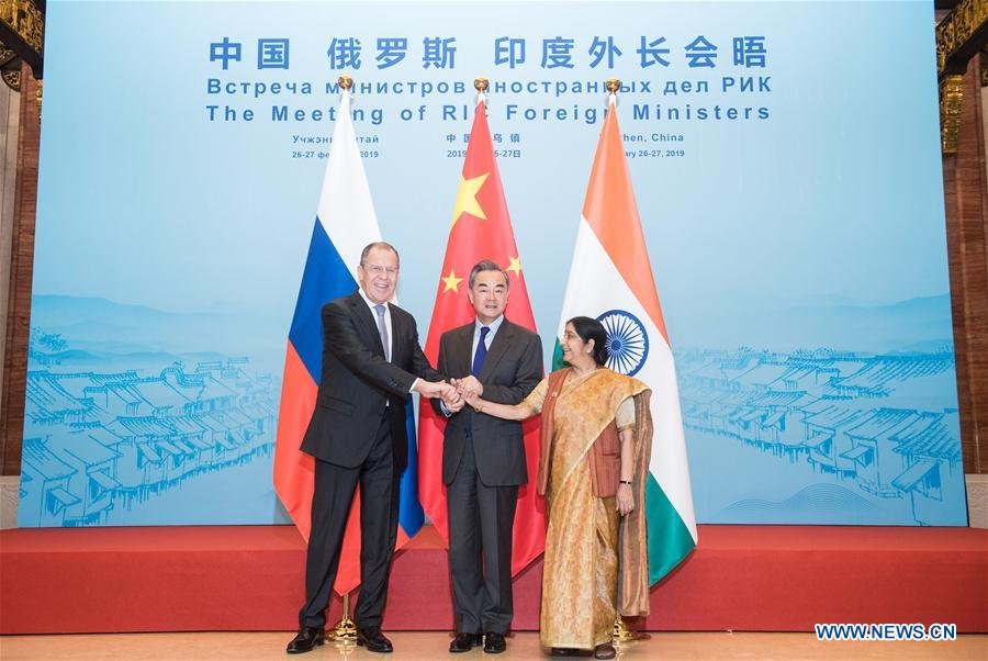 Wang Yi , Sergei Lavrov and Sushma Swaraj hold the 16th meeting of the foreign ministers of China, Russia and India in Wuzhen of east China’s Zhejiang Province, Pic Xinhua 27 Feb 2019