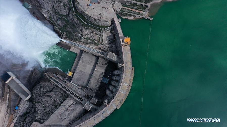 An aerial foto of Lijianxia Hydropower Station opens gate to release water 09 July 2020